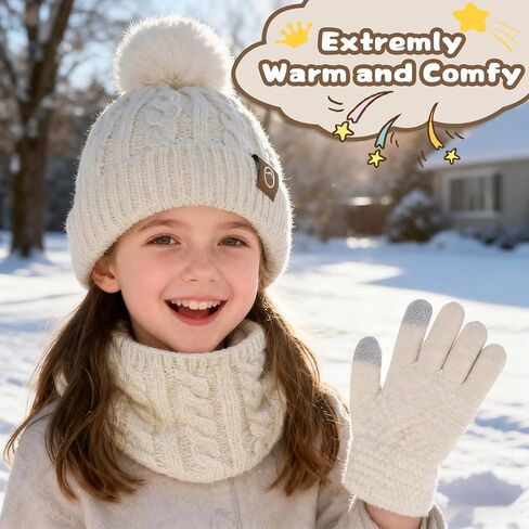 ZOORON Kids Winter Hat Gloves Scarf Set, Girls Boys Hats Beanie with Pom Children Knit Neck Warmer Mittens Fleece Lined Set in Saudi Arabia