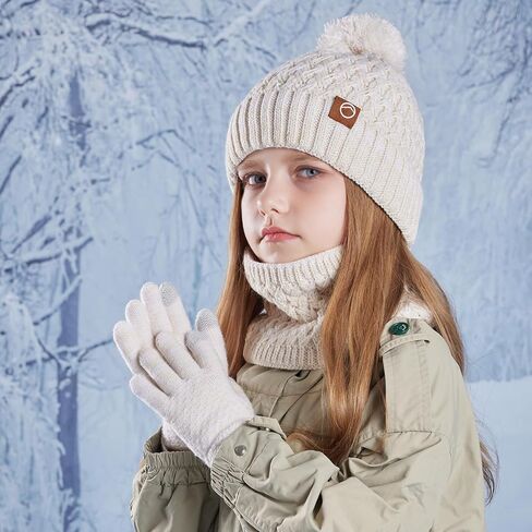 ZOORON Kids Winter Hat Gloves Scarf Set, Girls Boys Hats Beanie with Pom Children Knit Neck Warmer Mittens Fleece Lined Set in Saudi Arabia