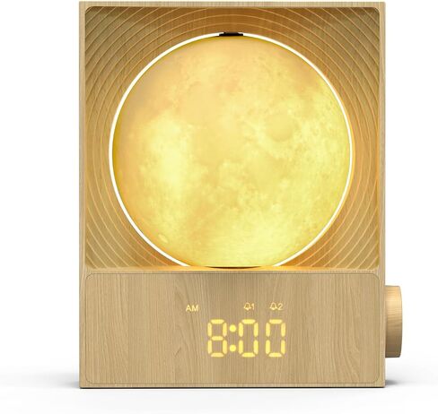 Sunrise Alarm Clock, 360-Degree Rotating Moon Lamp & 10 White Noise Sounds, Dual Alarm & Snooze for Heavy Sleeper, Timer, Wooden Bedroom Light Gift - Wood in Saudi Arabia