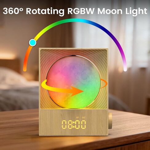 Sunrise Alarm Clock, 360-Degree Rotating Moon Lamp & 10 White Noise Sounds, Dual Alarm & Snooze for Heavy Sleeper, Timer, Wooden Bedroom Light Gift - Wood in Saudi Arabia