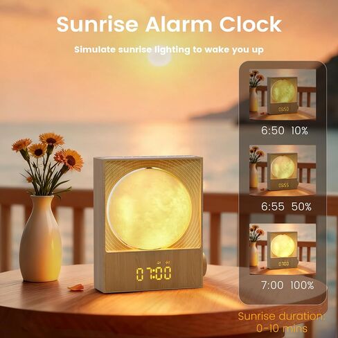 Sunrise Alarm Clock, 360-Degree Rotating Moon Lamp & 10 White Noise Sounds, Dual Alarm & Snooze for Heavy Sleeper, Timer, Wooden Bedroom Light Gift - Wood in Saudi Arabia