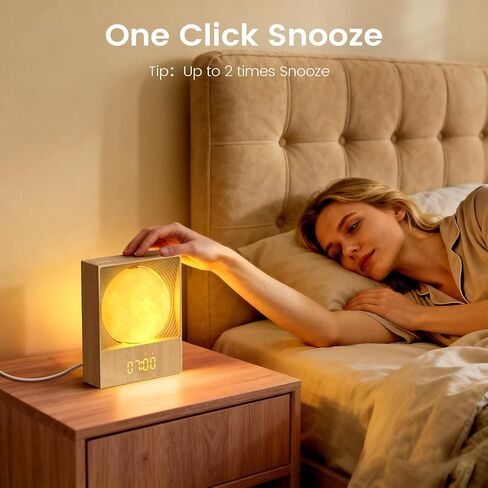 Sunrise Alarm Clock, 360-Degree Rotating Moon Lamp & 10 White Noise Sounds, Dual Alarm & Snooze for Heavy Sleeper, Timer, Wooden Bedroom Light Gift - Wood in Saudi Arabia