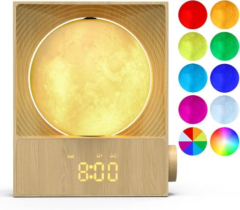 Sunrise Alarm Clock, 360-Degree Rotating Moon Lamp & 10 White Noise Sounds, Dual Alarm & Snooze for Heavy Sleeper, Timer, Wooden Bedroom Light Gift - Wood in Saudi Arabia
