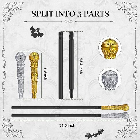 Hiboom 2 Pcs Halloween Pimp Cane Gold and Silver Walking Canes Vintage Staff Prop Stick Costume Accessories for Party Cosplay in Saudi Arabia