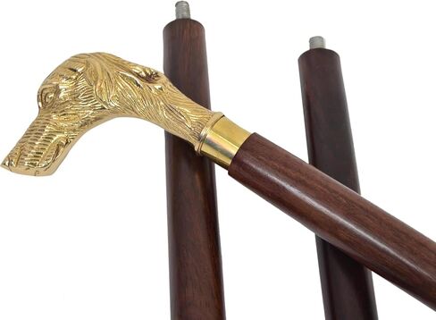 Golden Finish Dog Head Walking Stick – Solid Brass Handle with Brown Wooden Shaft (36-Inch) in Saudi Arabia