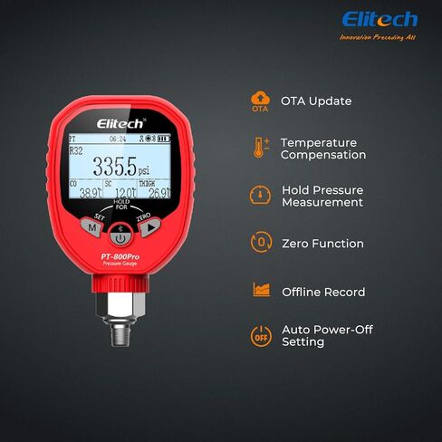 جهاز قياس الضغط الرقمي اللاسلكي Elitech PGW-500 مع تنبيهات تطبيق درجة الحرارة لنظام HVAC IP65 مقاوم للماء -14.5~500 PSI 1/8'' NPT in Saudi Arabia