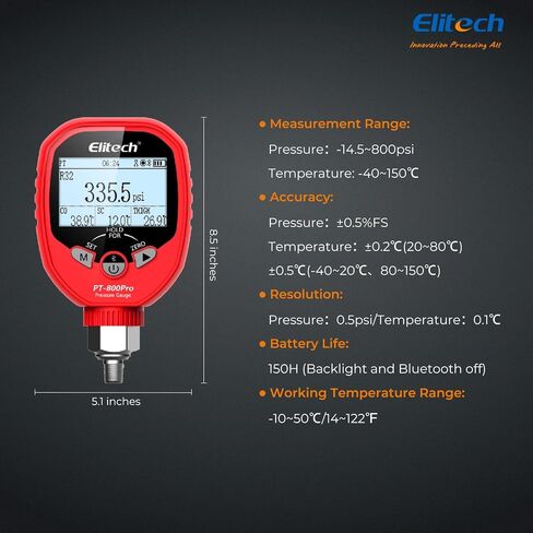جهاز قياس الضغط الرقمي اللاسلكي Elitech PGW-500 مع تنبيهات تطبيق درجة الحرارة لنظام HVAC IP65 مقاوم للماء -14.5~500 PSI 1/8'' NPT in Saudi Arabia