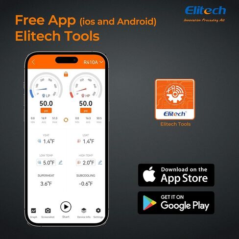 جهاز قياس الضغط الرقمي اللاسلكي Elitech PGW-500 مع تنبيهات تطبيق درجة الحرارة لنظام HVAC IP65 مقاوم للماء -14.5~500 PSI 1/8'' NPT in Saudi Arabia