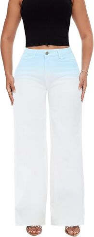 ONESO Mid-Low Rise Baggy Jeans Wide Leg for Women Distressed Pants Stretchy Bottom Lady Basic Comfortable Denim in Kuwait