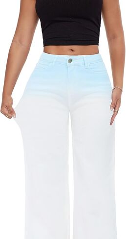 ONESO Mid-Low Rise Baggy Jeans Wide Leg for Women Distressed Pants Stretchy Bottom Lady Basic Comfortable Denim in Kuwait