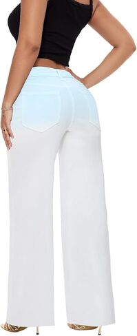 ONESO Mid-Low Rise Baggy Jeans Wide Leg for Women Distressed Pants Stretchy Bottom Lady Basic Comfortable Denim in Kuwait