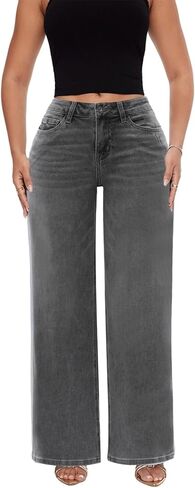 ONESO Mid-Low Rise Baggy Jeans Wide Leg for Women Distressed Pants Stretchy Bottom Lady Basic Comfortable Denim in Kuwait