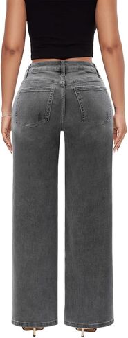 ONESO Mid-Low Rise Baggy Jeans Wide Leg for Women Distressed Pants Stretchy Bottom Lady Basic Comfortable Denim in Kuwait