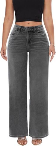 ONESO Mid-Low Rise Baggy Jeans Wide Leg for Women Distressed Pants Stretchy Bottom Lady Basic Comfortable Denim in Kuwait