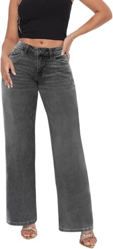 ONESO Mid-Low Rise Baggy Jeans Wide Leg for Women Distressed Pants Stretchy Bottom Lady Basic Comfortable Denim in Kuwait