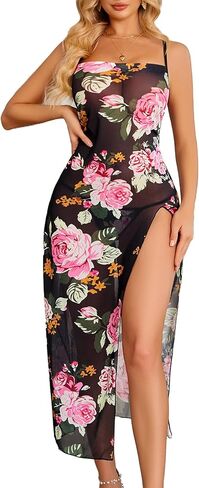 Avidlove Sexy Lingerie for Women Floral Print Mesh Babydoll Side Split Nightgown Long Nightdress in Saudi Arabia