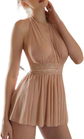 Women Halter Lace Lingerie Dress Deep V Neck Backless Babydoll Chemise See Through Sheer Nightgown Nightwear in Saudi Arabia