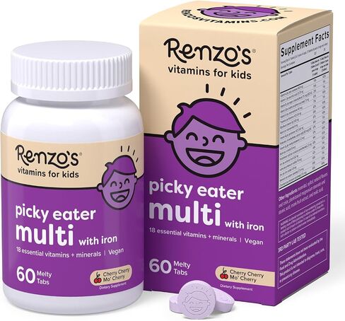 Renzo's Picky Eater Kids Multivitamin with Iron, Dissolving Kids Vitamins with Vitamin D3 & K2 and More, 60 Sugar-Free Melty Tabs, Cherry Mo’ Cherry Flavored in Saudi Arabia