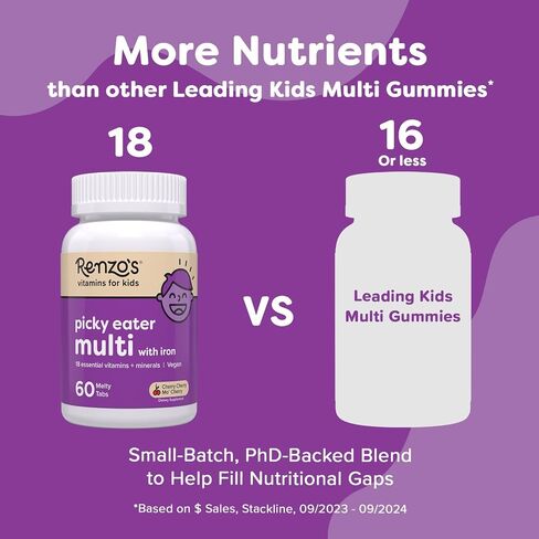 Renzo's Picky Eater Kids Multivitamin with Iron, Dissolving Kids Vitamins with Vitamin D3 & K2 and More, 60 Sugar-Free Melty Tabs, Cherry Mo’ Cherry Flavored in Saudi Arabia