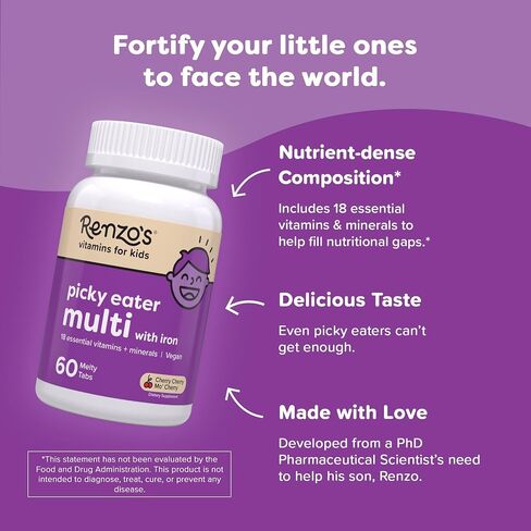 Renzo's Picky Eater Kids Multivitamin with Iron, Dissolving Kids Vitamins with Vitamin D3 & K2 and More, 60 Sugar-Free Melty Tabs, Cherry Mo’ Cherry Flavored in Saudi Arabia