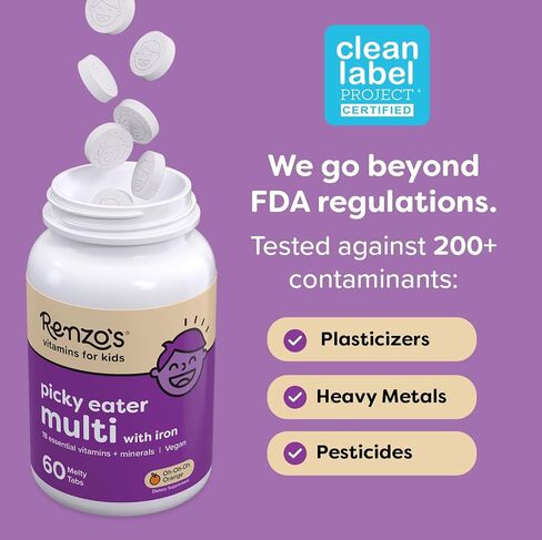 Renzo's Picky Eater Kids Multivitamin with Iron, Dissolving Kids Vitamins with Vitamin D3 & K2 and More, 60 Sugar-Free Melty Tabs, Cherry Mo’ Cherry Flavored in Saudi Arabia
