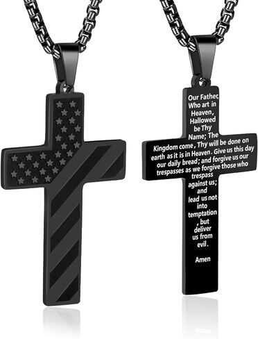 American Flag Cross Necklace for Men,Cross Necklace Gifts for Men,Black Stainless Steel Pendant Chain with Bible Verse in Kuwait