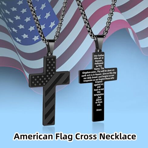 American Flag Cross Necklace for Men,Cross Necklace Gifts for Men,Black Stainless Steel Pendant Chain with Bible Verse in Kuwait