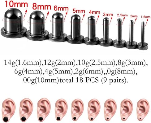 1.6mm-24mm Full Size Stainless Steel Ear Stretching Kit with 2PCS O-Rings/Pair,Comfy Pain-free Single Flared Dead Stretching Gauges Tunnels Plugs,Black Silver Body Piercing in Saudi Arabia