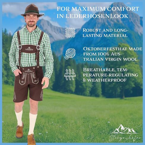 Steigenhöfer German Alpine Hat - Hans - 100 ٪ قبعات صوف للرجال - قابلة للتعديل - قبعة بافارية قابلة للتعديل - مهرجان أكتوبر مع ريشة الطيور الحقيقية in Kuwait