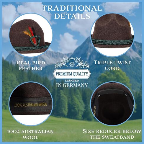 Steigenhöfer German Alpine Hat - Hans - 100 ٪ قبعات صوف للرجال - قابلة للتعديل - قبعة بافارية قابلة للتعديل - مهرجان أكتوبر مع ريشة الطيور الحقيقية in Kuwait