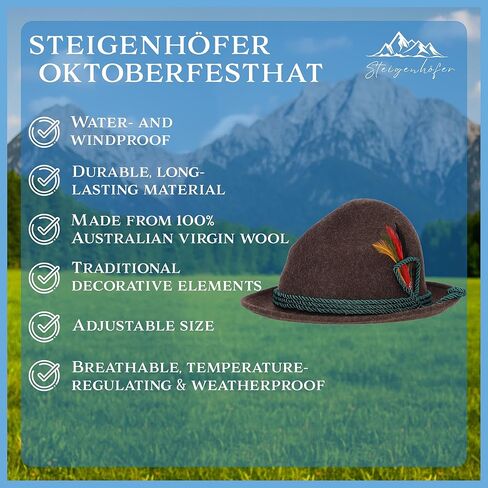 Steigenhöfer German Alpine Hat - Hans - 100 ٪ قبعات صوف للرجال - قابلة للتعديل - قبعة بافارية قابلة للتعديل - مهرجان أكتوبر مع ريشة الطيور الحقيقية in Kuwait