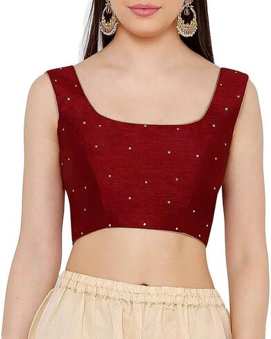 Dupion Solid Saree Readymade Beaded Blouse Scoop Neck Top Sleeveless Back Hook & Eye with Dori Closure Choli Sari in Saudi Arabia