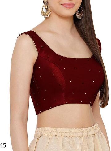 Dupion Solid Saree Readymade Beaded Blouse Scoop Neck Top Sleeveless Back Hook & Eye with Dori Closure Choli Sari in Saudi Arabia