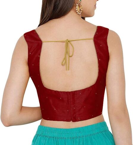 Dupion Solid Saree Readymade Beaded Blouse Scoop Neck Top Sleeveless Back Hook & Eye with Dori Closure Choli Sari in Saudi Arabia
