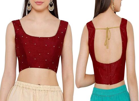 Dupion Solid Saree Readymade Beaded Blouse Scoop Neck Top Sleeveless Back Hook & Eye with Dori Closure Choli Sari in Saudi Arabia