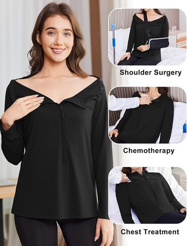Deyeek Chemo Port Shirts for Women 2 Side Snaps Long Sleeve Shoulder Post Surgery Clothing Dialysis Breast Cancer Shirts in Saudi Arabia