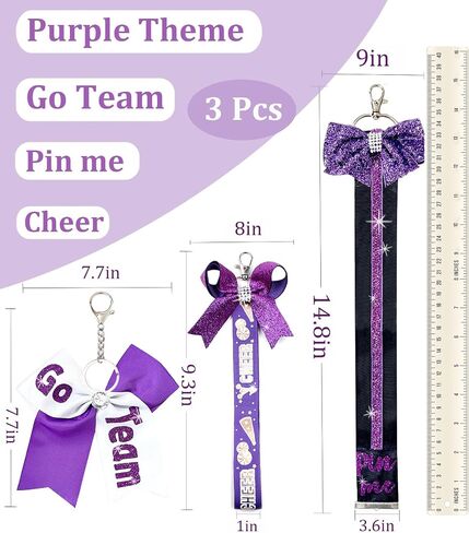 3 قطع Cheer Pin ME RIBBON SET - 13in+8in+6in لحقائب الظهر ، keychain & team | Glitter Cheerleader Assectories Gift for Squad ، Coach in Kuwait