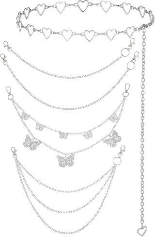 5Pcs Chain Belt for Women Heart Chain Belt Jeans Pants Pocket Waist Punk Pocket Chains Hip Hop Goth Adjustable Body Accessories Formal Wear Dresses Casual Pants Girls Gift (Silver) in Saudi Arabia