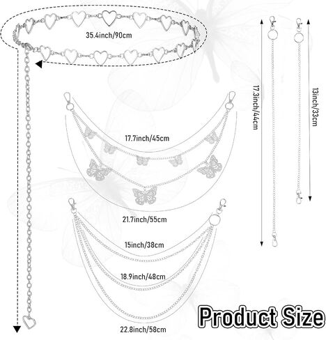5Pcs Chain Belt for Women Heart Chain Belt Jeans Pants Pocket Waist Punk Pocket Chains Hip Hop Goth Adjustable Body Accessories Formal Wear Dresses Casual Pants Girls Gift (Silver) in Saudi Arabia