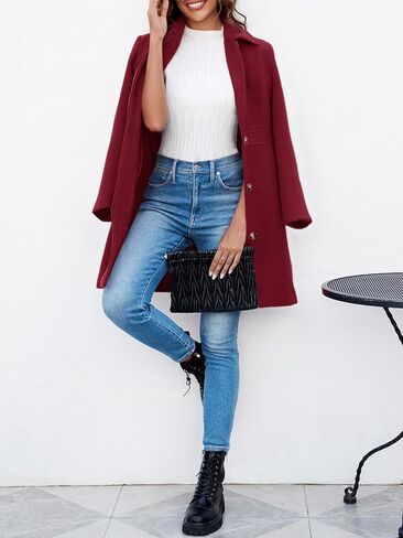 Fisoew Womens Elegant Single Single Sosted Sister Long Sleeve Mid Winter Over Coat Office Office Pea Coats in Saudi Arabia