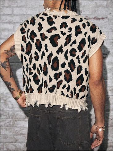 WDIRARA Men's Leopard Sweater Vests Distressed Crew Neck Cap Sleeve Knit Tops in Saudi Arabia