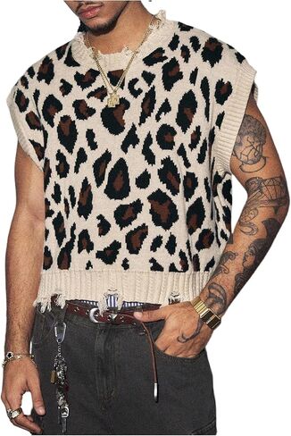 WDIRARA Men's Leopard Sweater Vests Distressed Crew Neck Cap Sleeve Knit Tops in Saudi Arabia