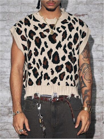 WDIRARA Men's Leopard Sweater Vests Distressed Crew Neck Cap Sleeve Knit Tops in Saudi Arabia