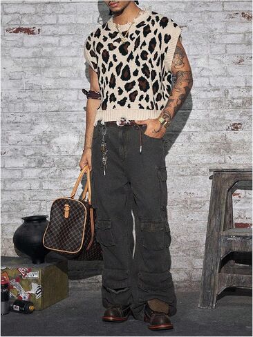 WDIRARA Men's Leopard Sweater Vests Distressed Crew Neck Cap Sleeve Knit Tops in Saudi Arabia