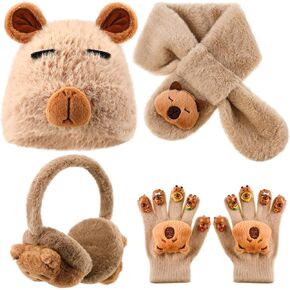 4 PCS Kids Winter Capybara Heat Remuffs وشاح وقفازات الأطفال مجموعة أفخم Capybara Winter Dark مجموعة من 7-12 in Saudi Arabia