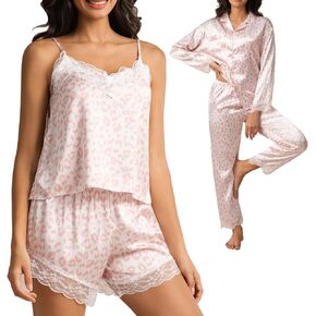 Silk Satin pajamas Set for Women,4Pcs Lace edging Pajamas,long-sleeved top and trousers,Summer Cami Top and Shorts in Saudi Arabia