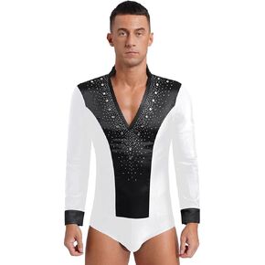 Mens Rhinestone V Neck Dance Shirts Unitard Ballroom Modern Latin Tango Rumba Long Sleeve Leotard Bodysuit Dancewear(White C,XXL) in Kuwait
