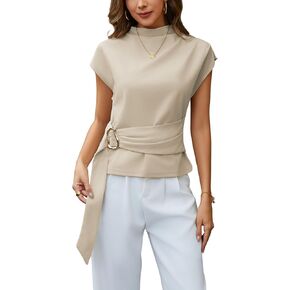 Yeokou Women Buckle Tie Top Stand Collar Belted Short Sleeve Elegant Summer Casual Blouse in Kuwait