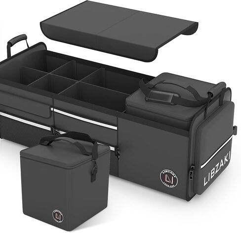 Libzaki Excerize 4 in 1 Car Trunk Storage Organizer ، صندوق تخزين جذع قابل للطي قابلاً للطي قابلية للطي مع حقيبة باردة لشاحنة السيارة SUV-Black in Kuwait