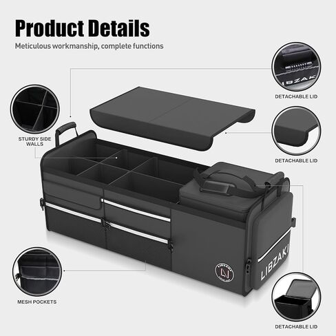 Libzaki Excerize 4 in 1 Car Trunk Storage Organizer ، صندوق تخزين جذع قابل للطي قابلاً للطي قابلية للطي مع حقيبة باردة لشاحنة السيارة SUV-Black in Kuwait